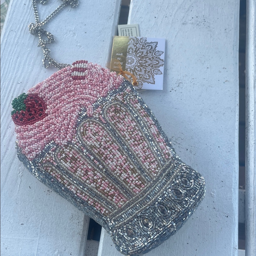 Beaded Pink Cupcake Crossbody Bag with Silver Accents
